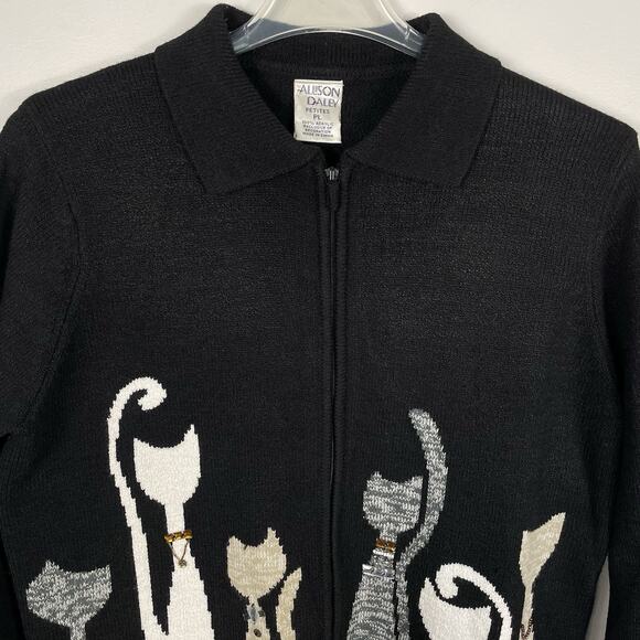 VTG Allison Daley Beaded Cat Sweater Size PL Black Full Zip Cardigan Fun Classic - Picture 4 of 16